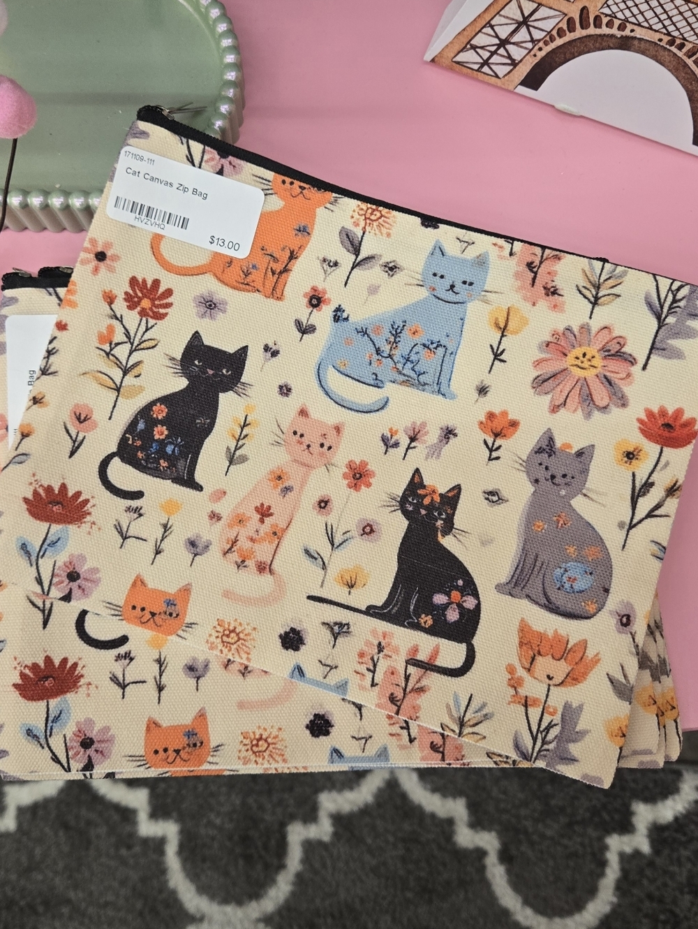 Floral Cat Canvas Zip Pouch - Cream with Multicolor Cats